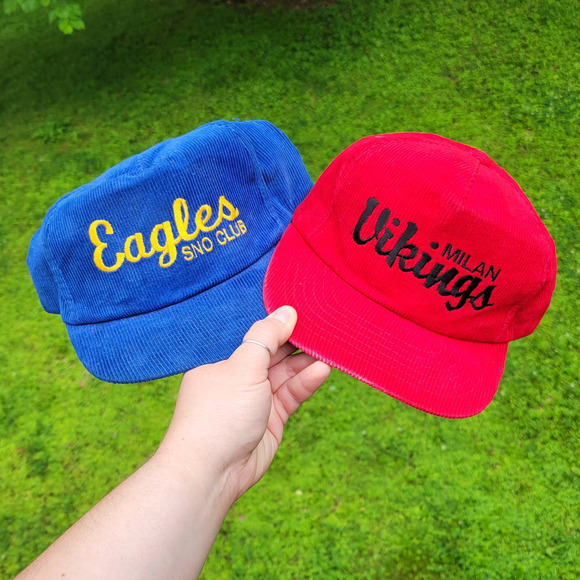Lot of (2) Vintage Corduroy Sports Snapback Hats Yupoong Blue Red - Picture 1 of 5
